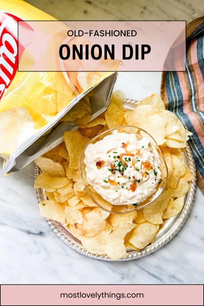 Old fashioned onion dip on platter with mounded Lay's potato chips.
