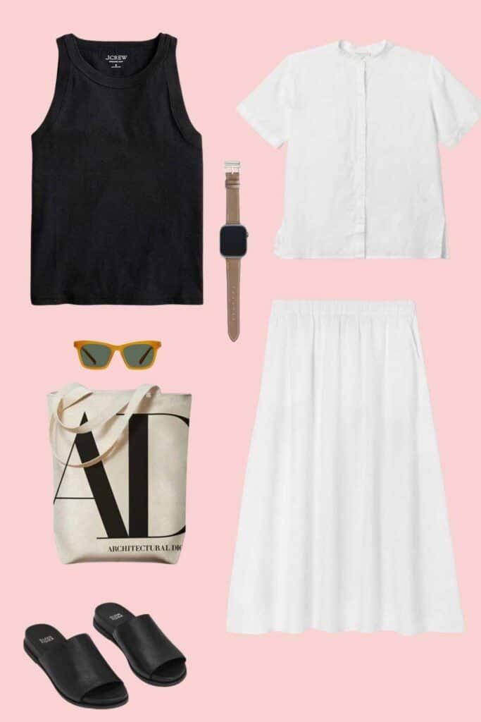 A high neck tank, a skirt and shirt with black slides and a tote for an easy summer look.
