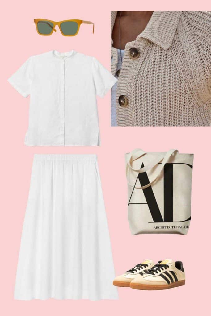 White Dress this Summer - A summer cardigan, Adidas Samba sneakers and a tote.