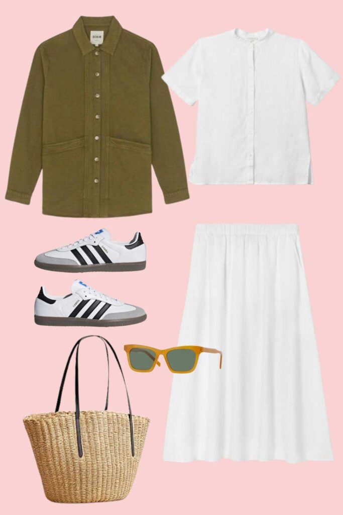White 2-piece dress from Eileen Fisher with the Will Jacket from Sezane, worn with Samba sneakers. 