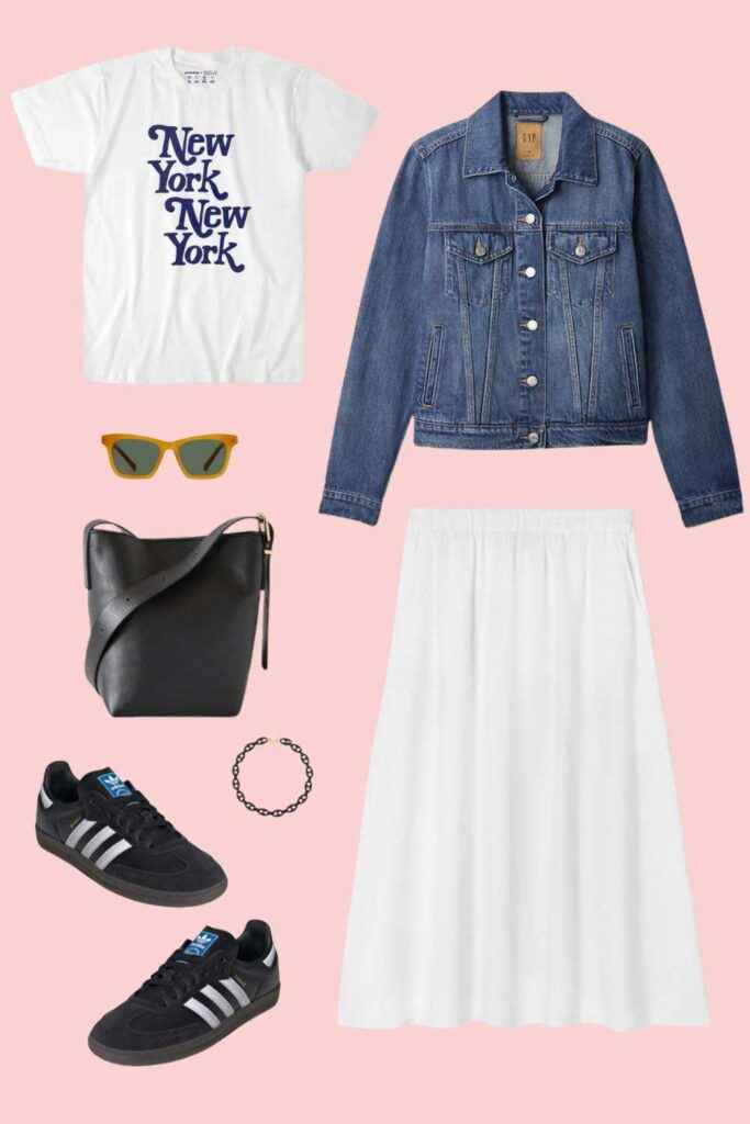 graphic Tee from Only NY worn with the icon denim jacket from GAP with the 2-piece white dress and Samba 