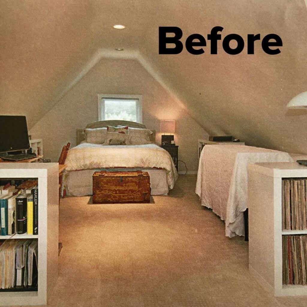 A dark attic space with a bed and a couple of bookshelves and beige-colored carpeting is what our attic looked like before our remodel.