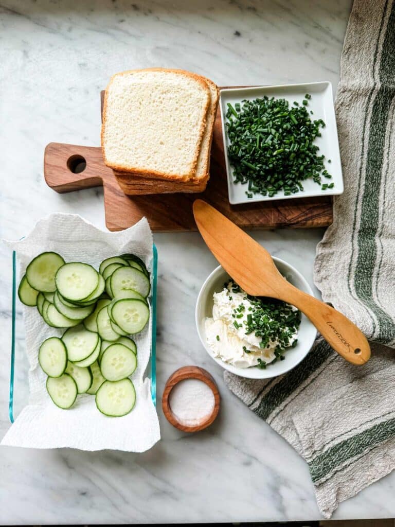 ingredients for making Cucumber Tea Sandwiches with Cream Cheese & Chives