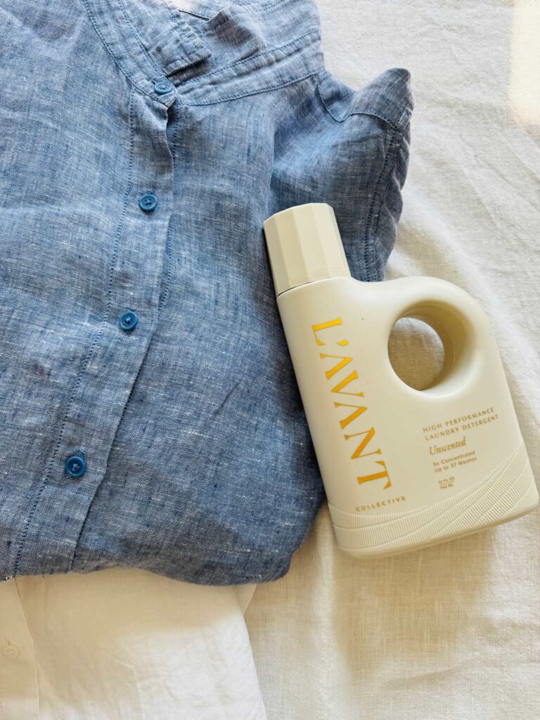 blue linen shirt, L'AVANT laundry dtergent bottle.