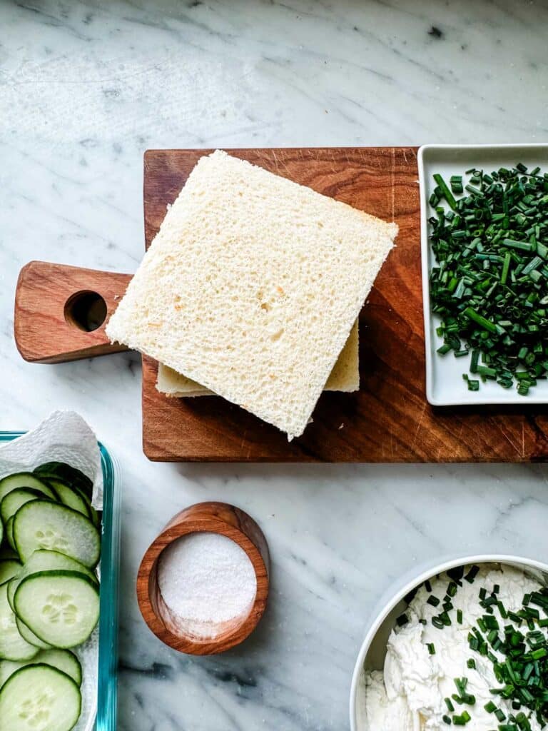 Cucumber Tea Sandwiches with Cream Cheese & Chives using thin sliced Pepperidge Farm white sandwoich bread