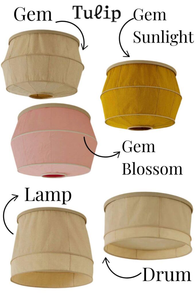 Types og lamp shades with names and arrows on white graphic.