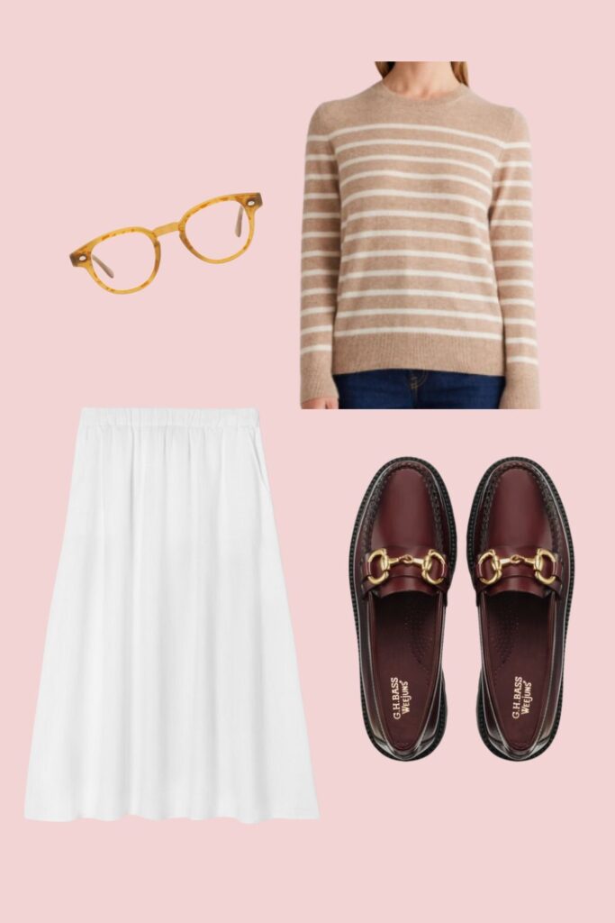 Glasses, cashmere sweater with an Eileen Fisher linen skirt and Bass loafers.