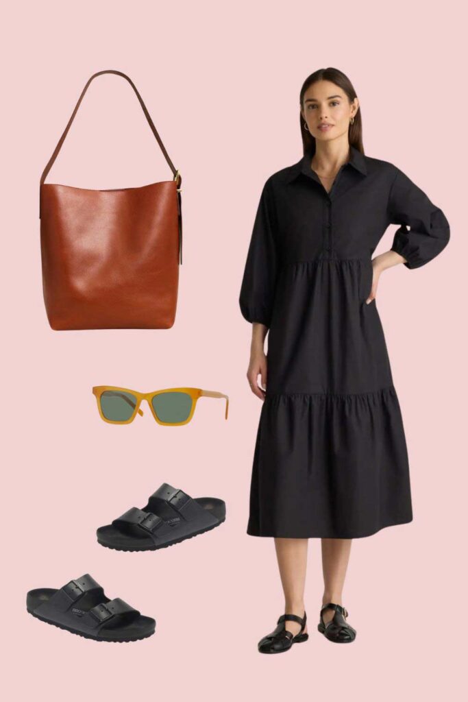 black dress, brown bag, sandals.