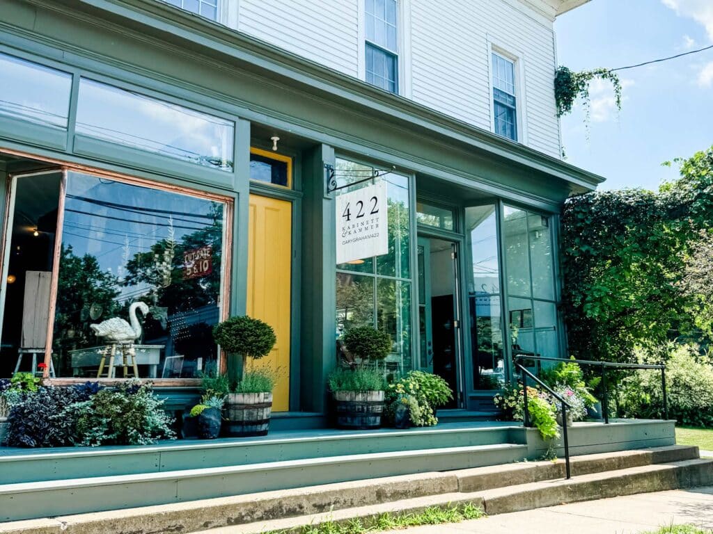 exterior of a shop with plants and yellow door 