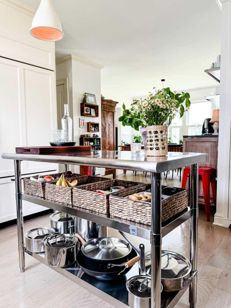 stainless kitchen island.