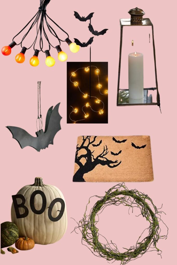 Halloween and fall decorations on pink background.