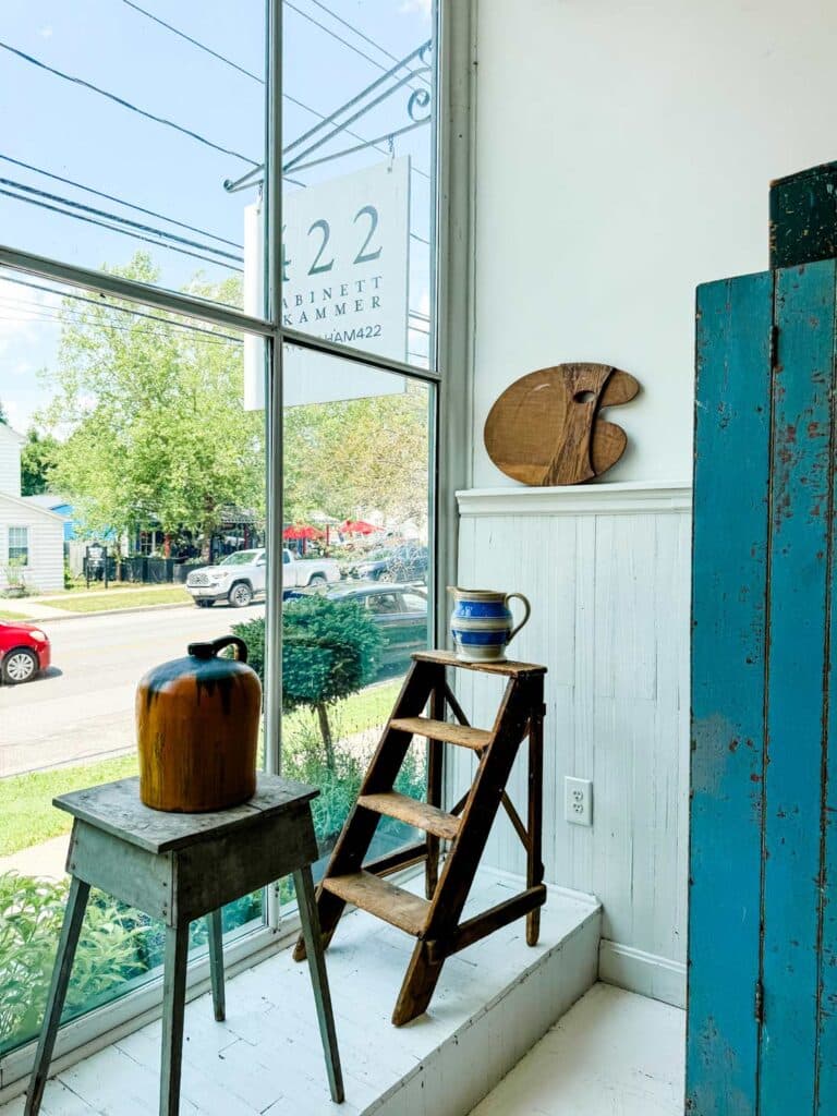 A Visit to Kabinett & Kammer in Franklin, NY window with short ladder, jug