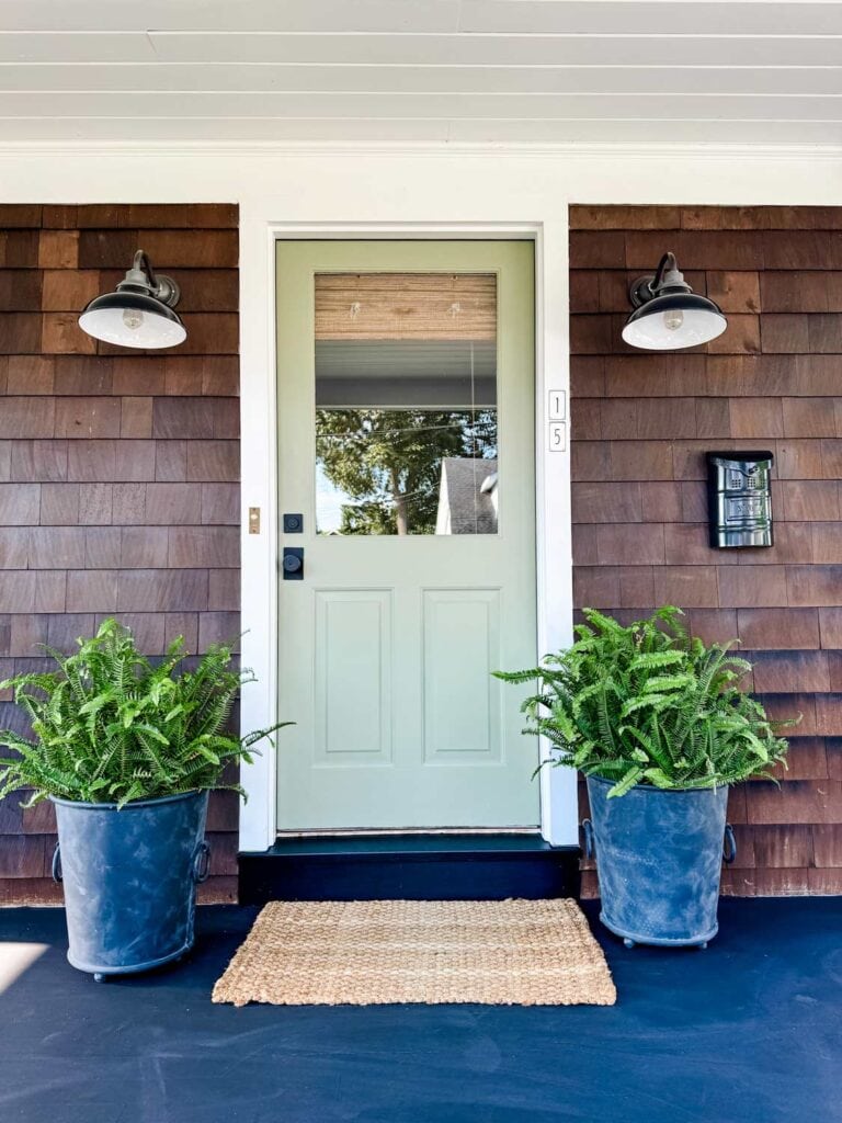 The front door of a house has been freshly painted with sage green paint. Next to the door are green ferns in black metal pots. In front of the door is a sisel door mat.