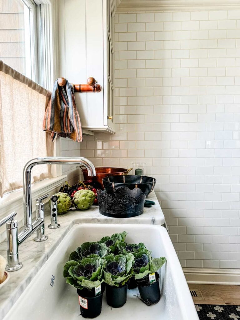 Cabbage in pots in sink, black baskets. towle on wooden hook.