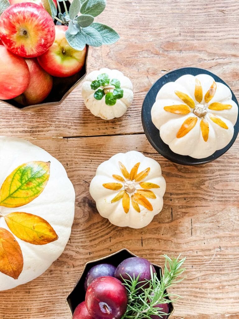 White pumpkins with decoupaged leaves, bowl of plums.