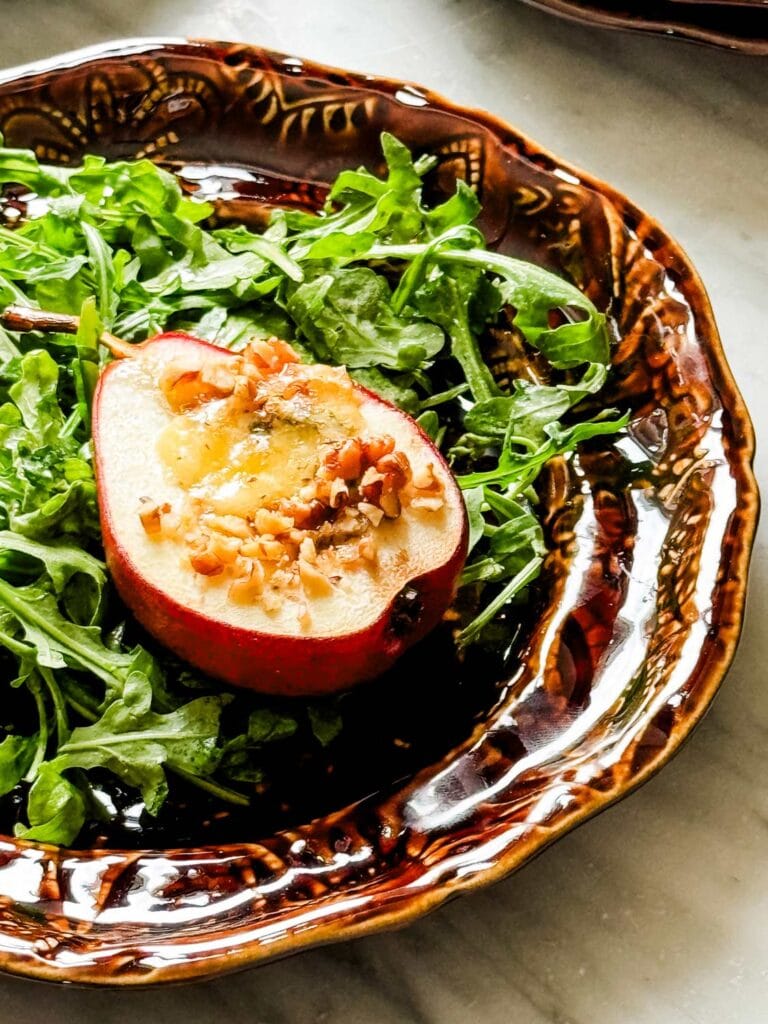 Easy Roasted Pears, Arugula, and Stilton Cheese Salad