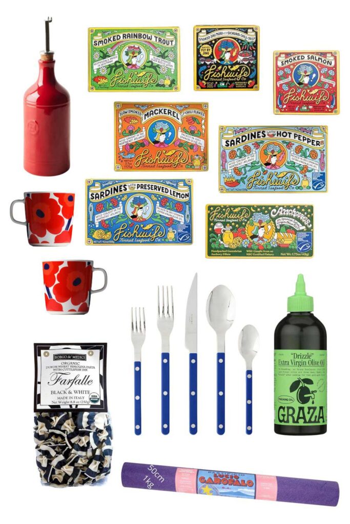 Picture in a graphic are things you'll find at Big Night in West Village, NYC - Graza olive oil, silverware, tinned fine, an olive oil jar, pasta and even coffee cups.