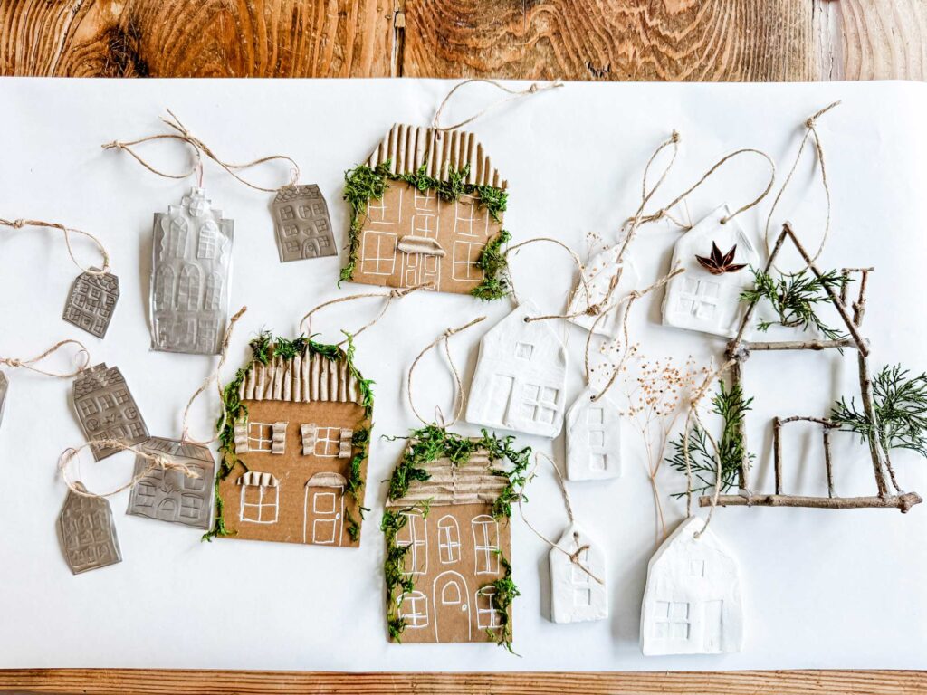 All of these Christmas ornaments are made with natural materials like cardboard, clay, and sticks.