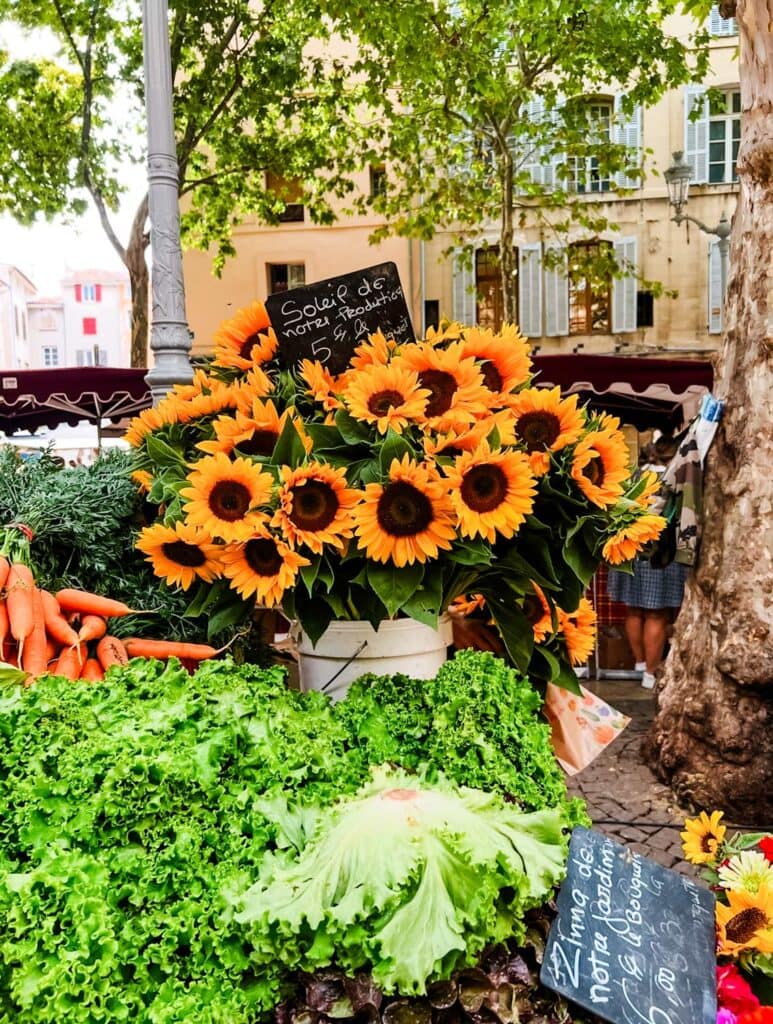 Fresh sunflowers, carrots, and lettuces for sale during market day in Aix en Provence.