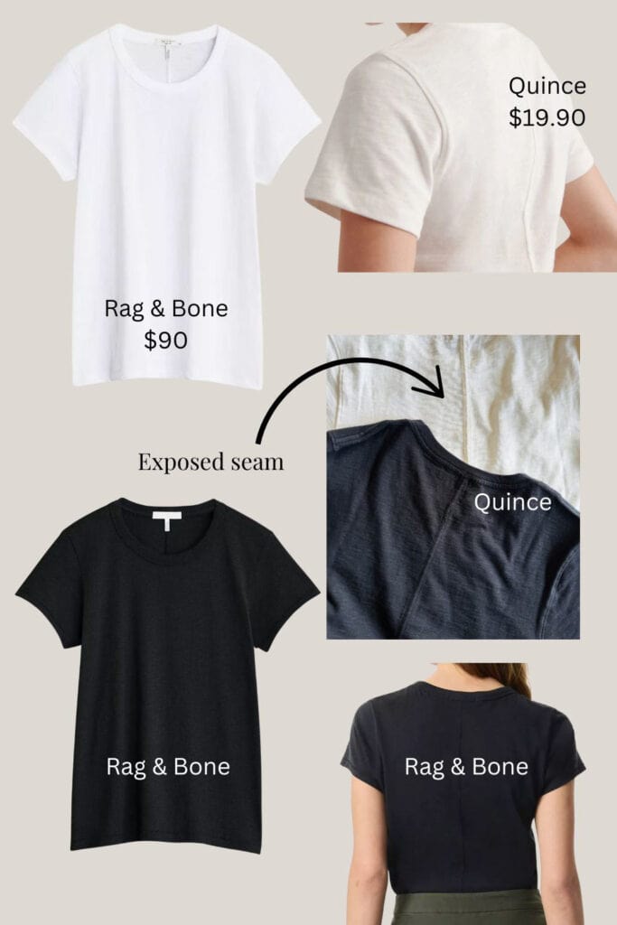 This graphic shows Rag & Bone tees and compares them to Quince tees.