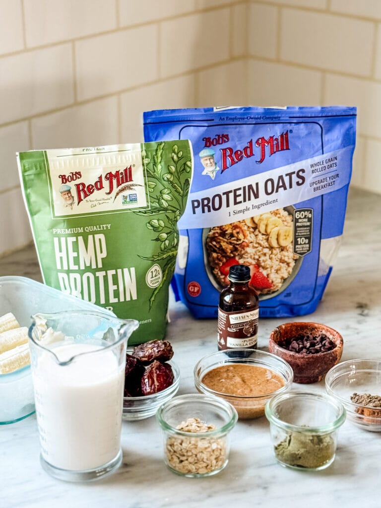 Bob's Red Mill hemp protein powder and protein oats are key ingredients for a healthy date shake.