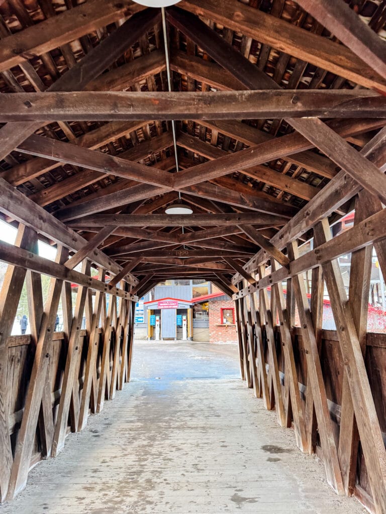 Inside the covered bridge leading to the lodge at Mohawk Mountain Ski Resort.