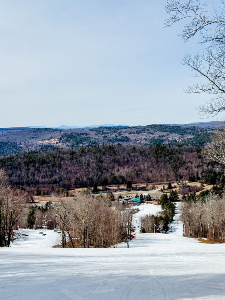 Looking down the slopes toward the lodge at Mohawk Mountain Ski Resort.