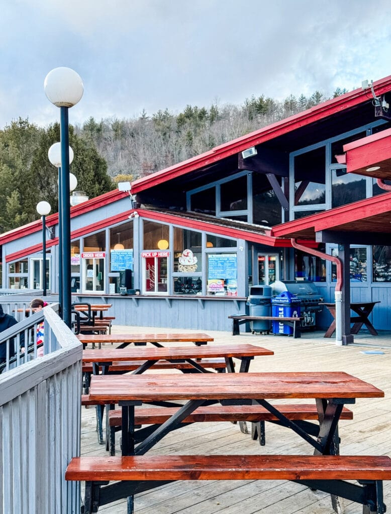 The deck outside the lodge on a warm spring afternoon.