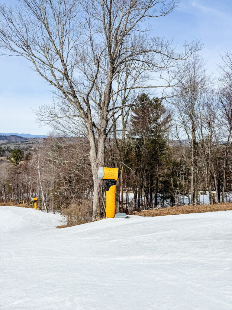 A snow gun sits idle during the day at Mohawk Mountain.