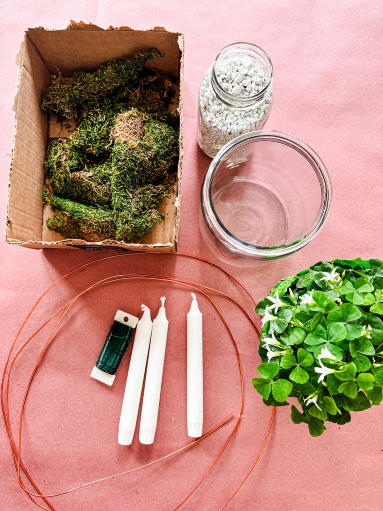 Shamrock plant, whoite candles, paddle wire, copper wire, moss on red paper background.