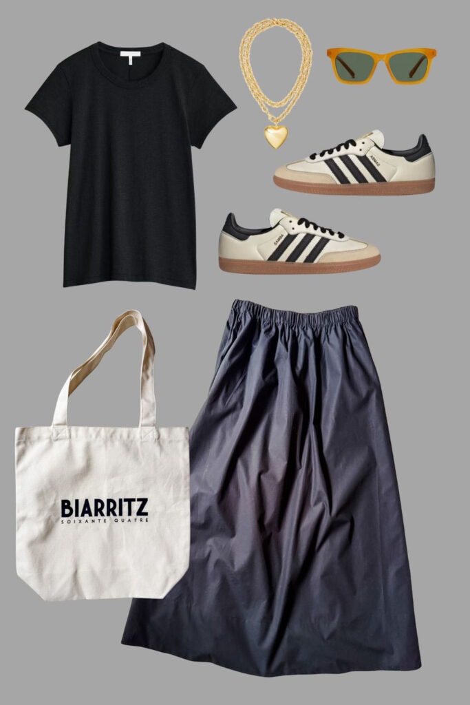 Poplin skirt, tote, black tee, Adidas Sambas, sunglasses.