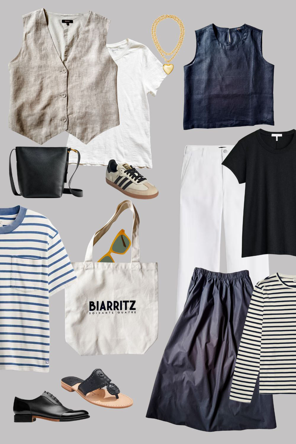 strioed shirts, tote bag, sandals, oxfords, vest.