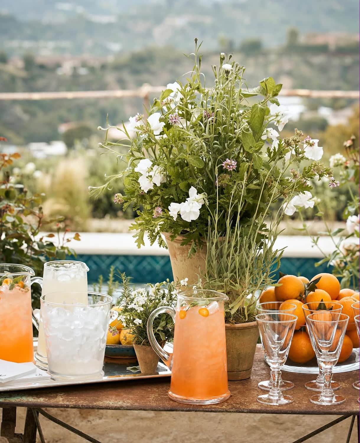 Orange colored beverage in clear glass putcher, potted flowers, plate of stacked oranges. Clear glass ice bucket.