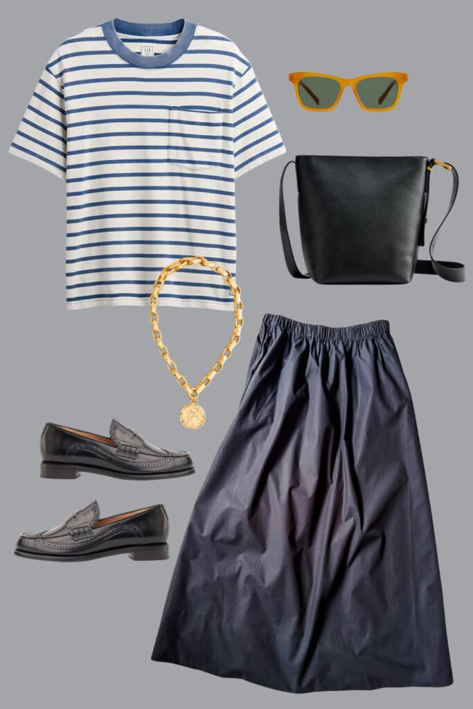 Poplin skirt, black loafers, gold necklace, stripe tee.