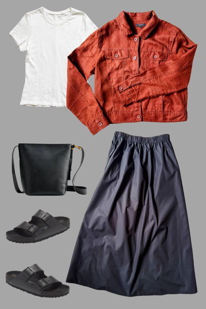 poplin black skirt, linen jacket with white tee.