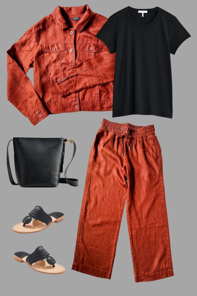 Linen matched set, black tee, bag, jack rogers sandals.