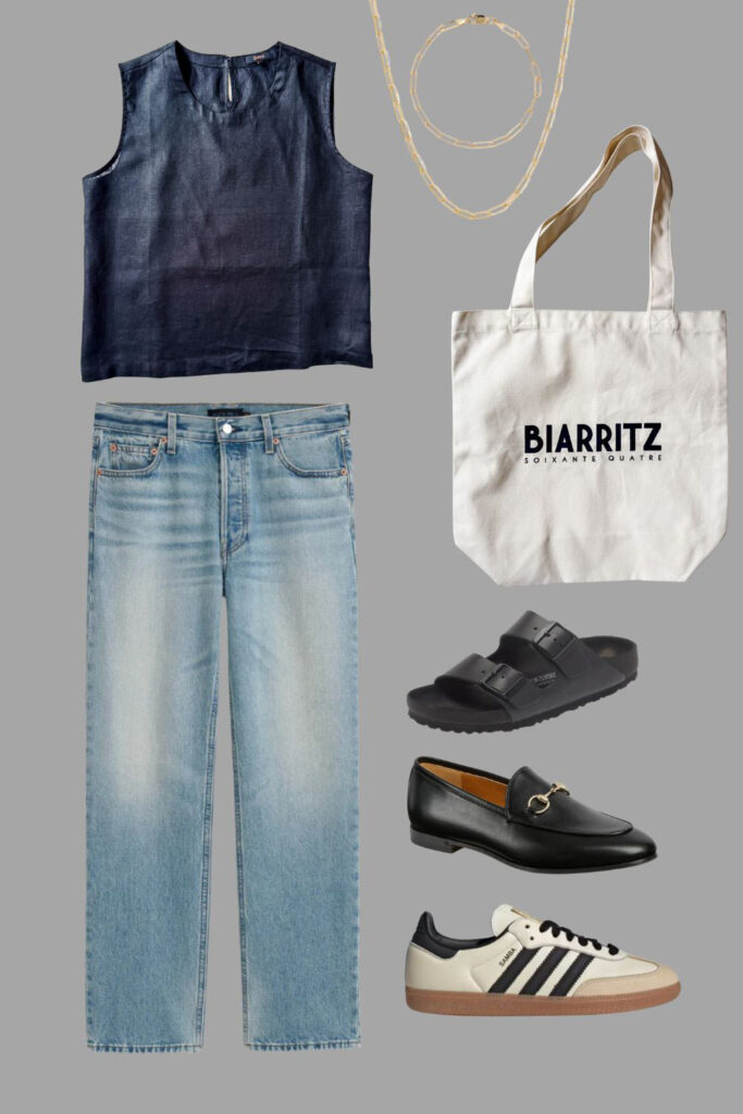 linen tank, jeans, tote bag with black, Birkenstocks, Gucci loafers, Adidas Samabas.