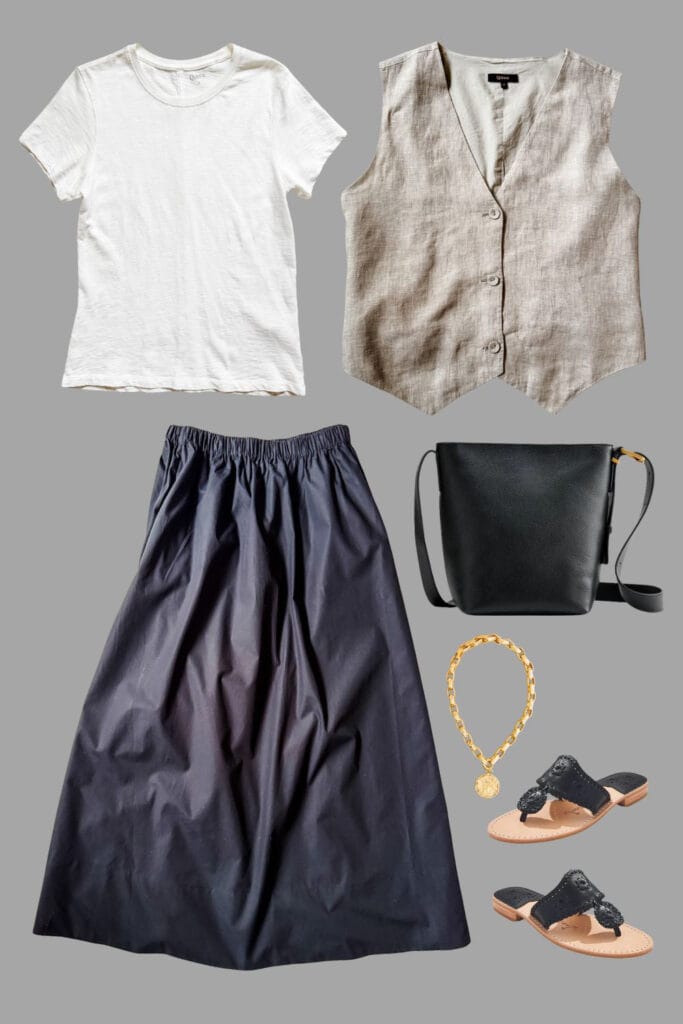 vest, t-shirt, poplin skirt.