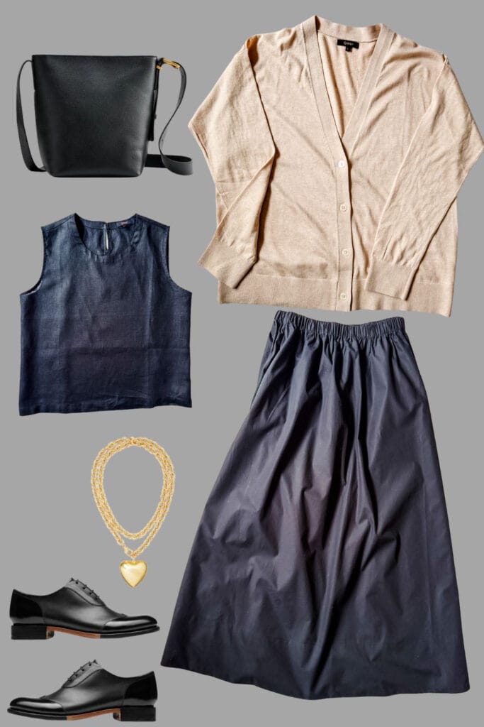 Skirt, bag, linen tank, gold heart necklace, oxfords.