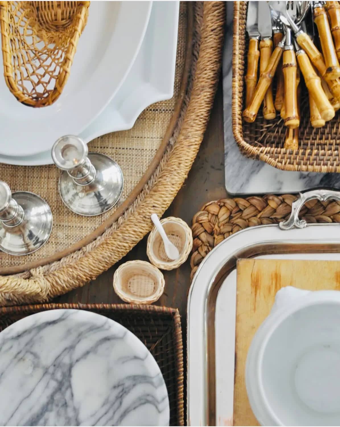 Collection of rattan, silver marble. tableware.