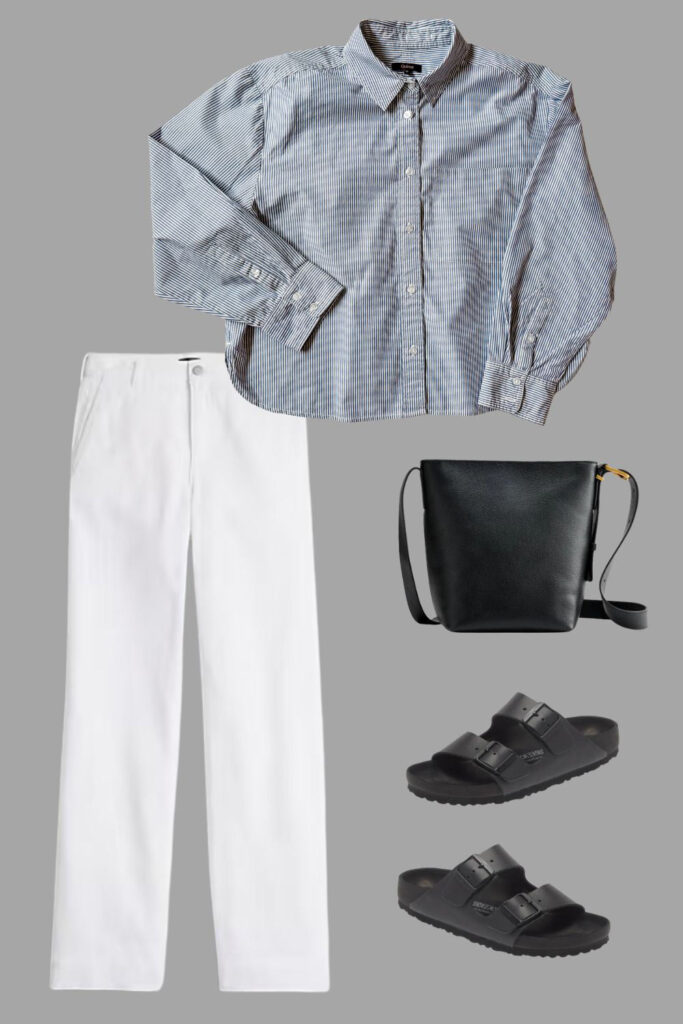 White jeans, striped poplin shirt, black bag, black Birkenstocks.