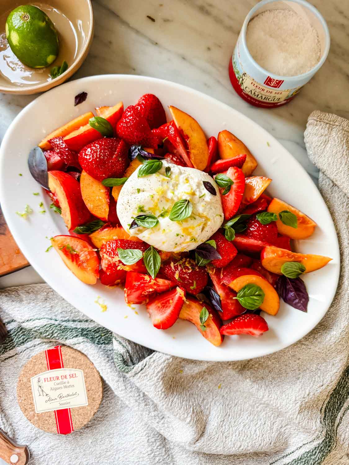 Peach, strawberry salad with buratta.
