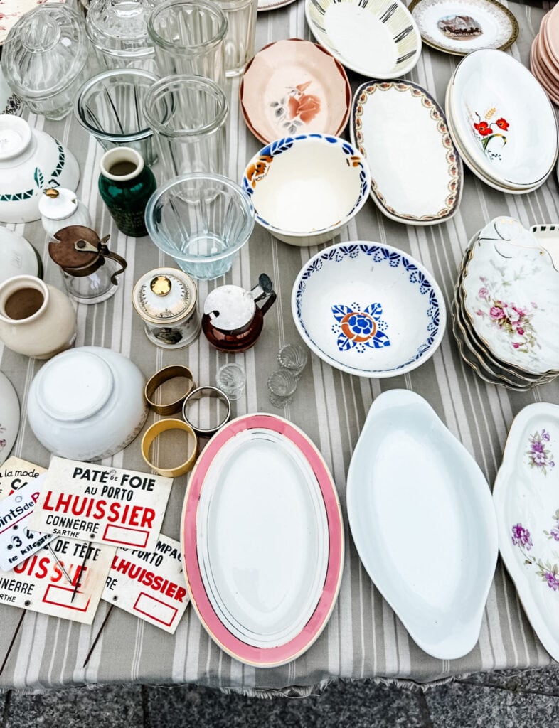Small porcelain plates and bowls from flea markets make great souvenirs to bring home from a trip to France.
