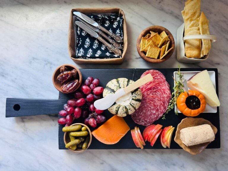 A charcuterie and cheese board with all ingredients from Trader Joe's.