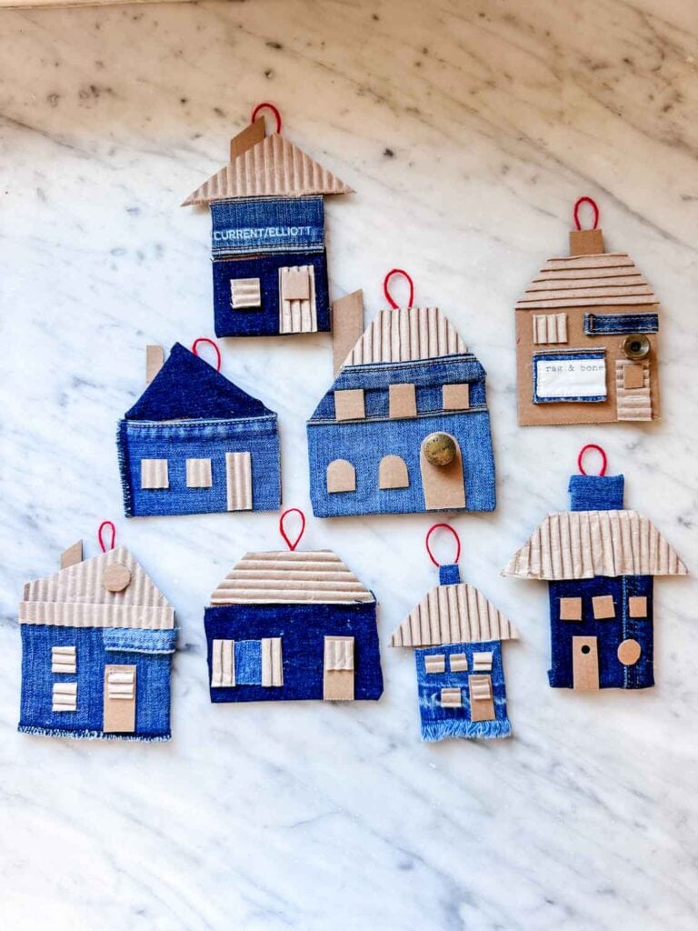Easy Upcycled DIY Denim & Cardboard House Christmas Ornaments