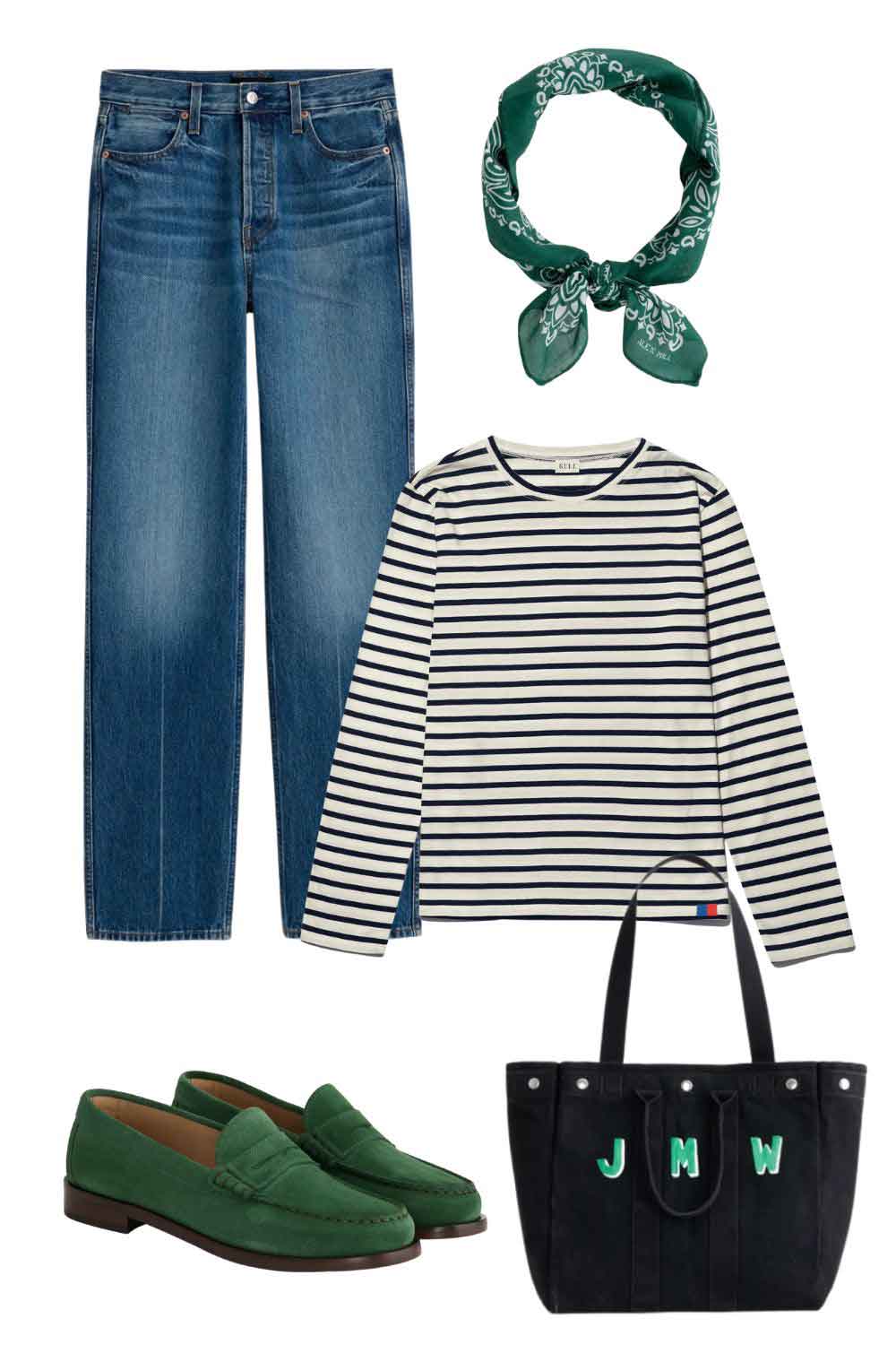 Jeans, green bandana, loafers, stripe top, tote bag with monogram.