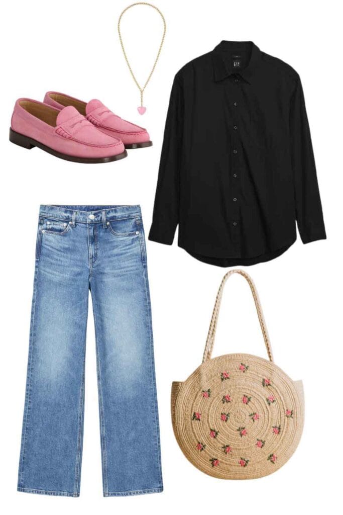 Pink loafers, heart necklace, black shirt, jeans.