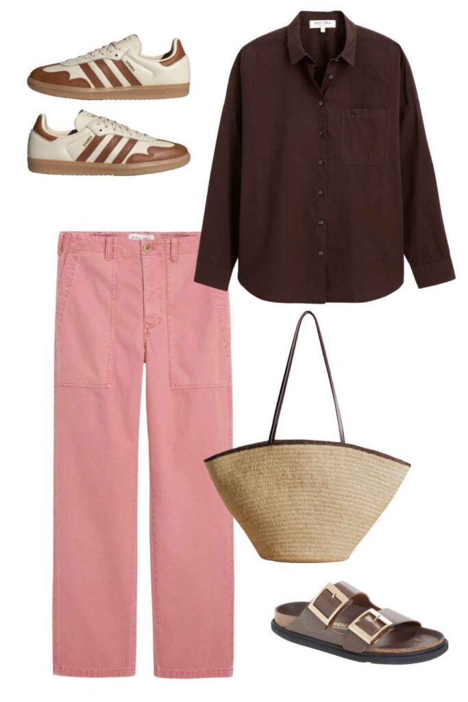Sambas, brown shirt, pink pants and straw bag.