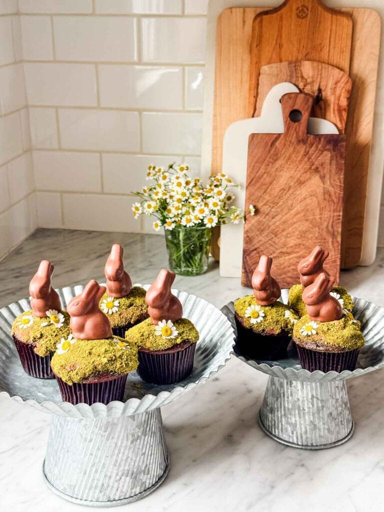 Chocolate cupcakes with matcha moss, chocolate bunnies on galvanized cake stand. Chamomile flowers.