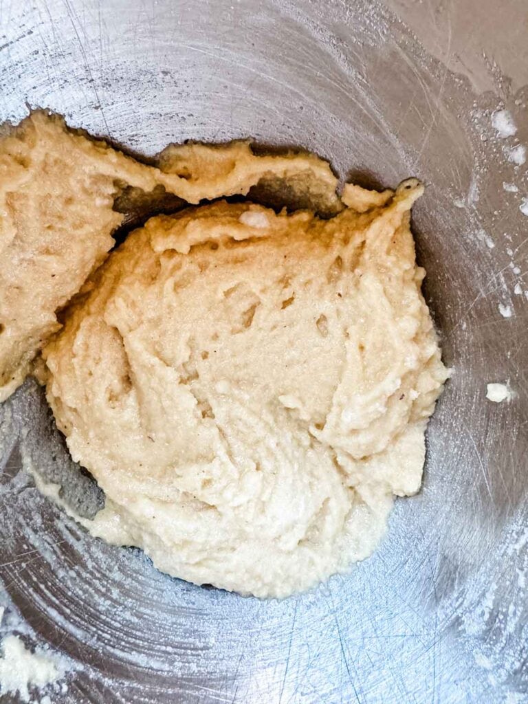 All the ingredients have been added and are ready to scoop onto the parchment paper-lined baking sheets.